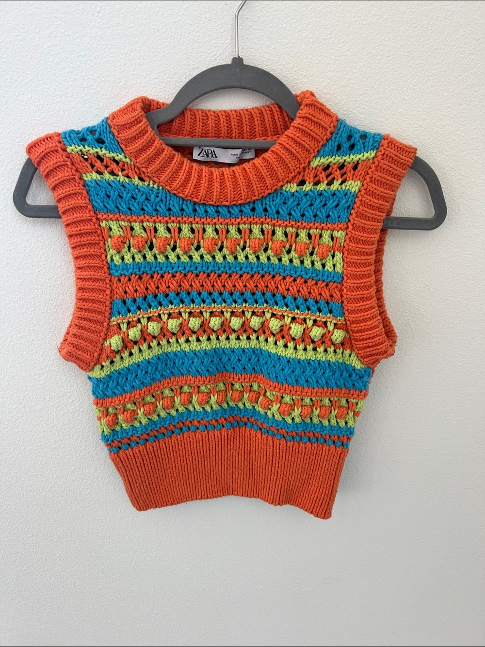 Zara Kids Bright Orange Crochet Tank with Blue and Lime Stripes